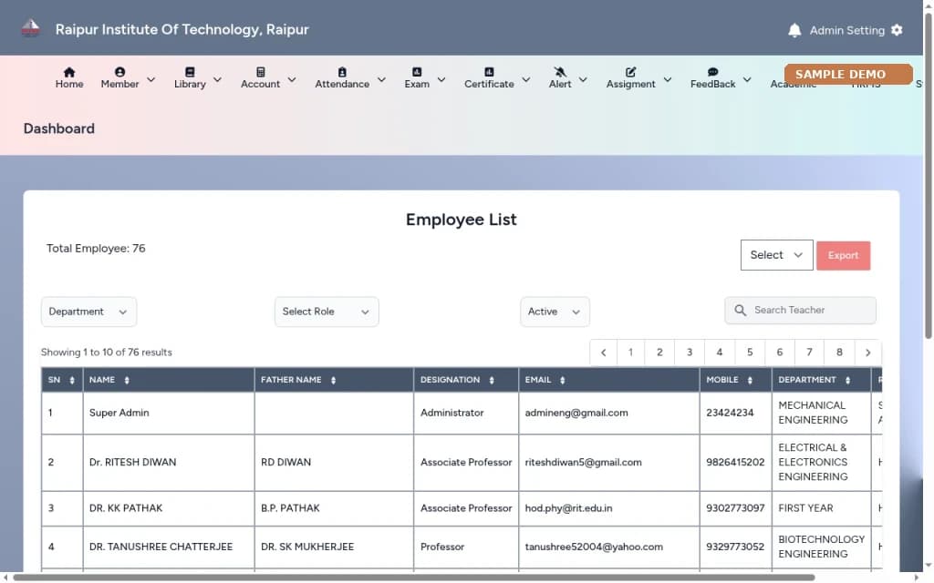 College ERP – HRMS and staff screen