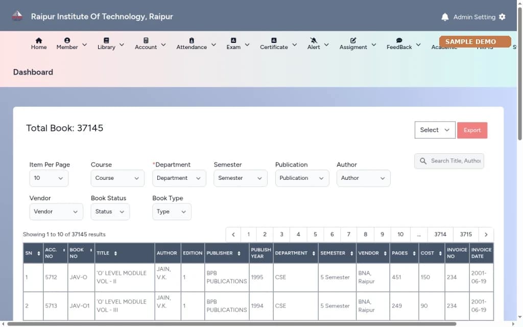 College ERP – Library management screen