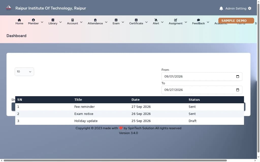 College ERP – Notifications screen