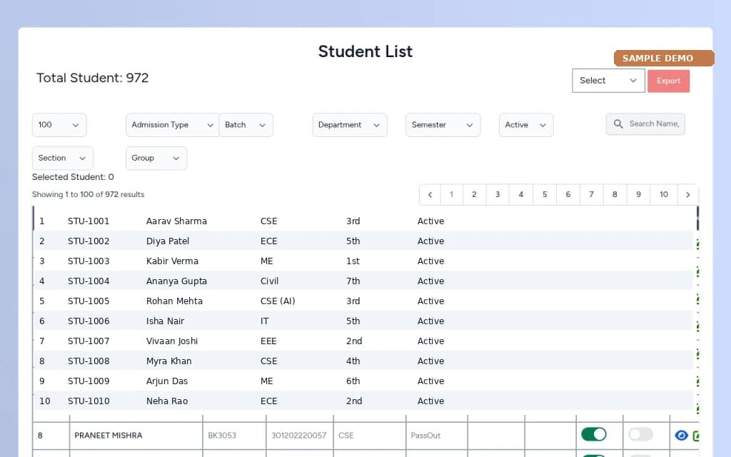 College ERP – Student & member management screen