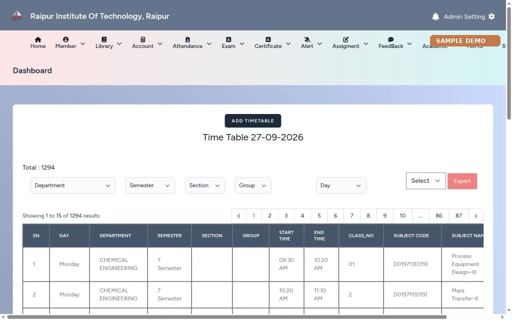 College ERP – Timetable and subjects screen