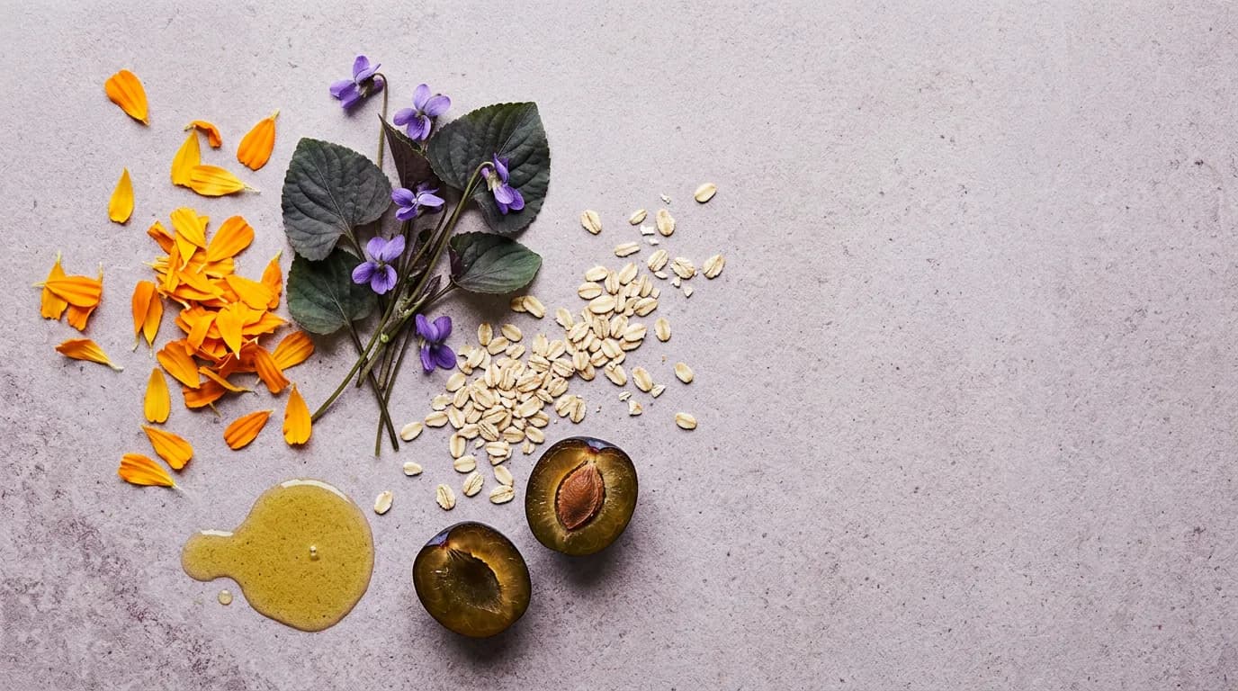 Overhead still life on pale stone: marigold petals, violet leaves and flowers, rolled oats, halved plums and a pool of golden oil