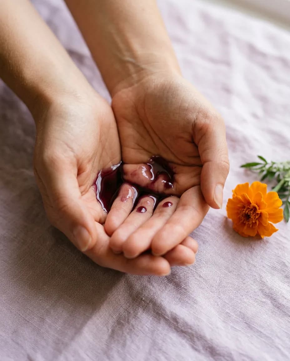 Two cupped hands holding a few drops of plum-coloured face oil over lilac linen, a marigold flower beside them