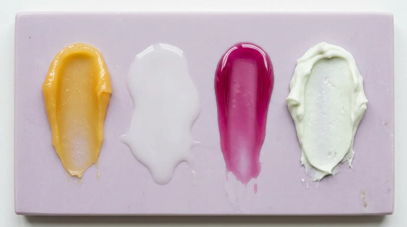 Four skincare textures smeared on a lilac stone slab: golden balm, milky toner, magenta oil and a pale green whipped cream