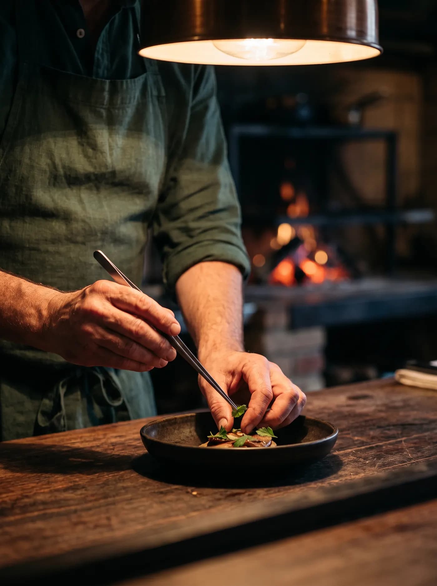 A cook's hands placing a single herb leaf on a plate with fine tweezers