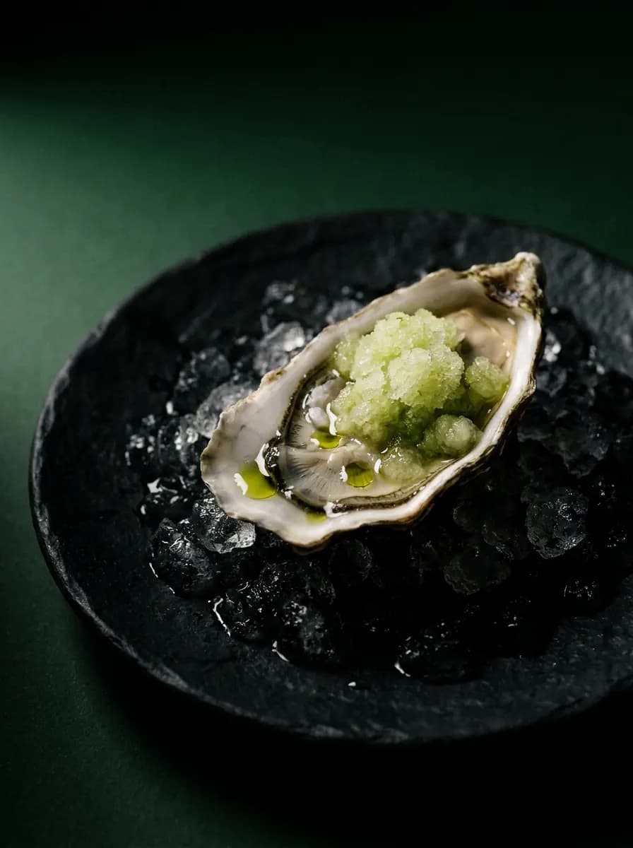 A raw oyster topped with pale green cucumber granita on crushed dark ice
