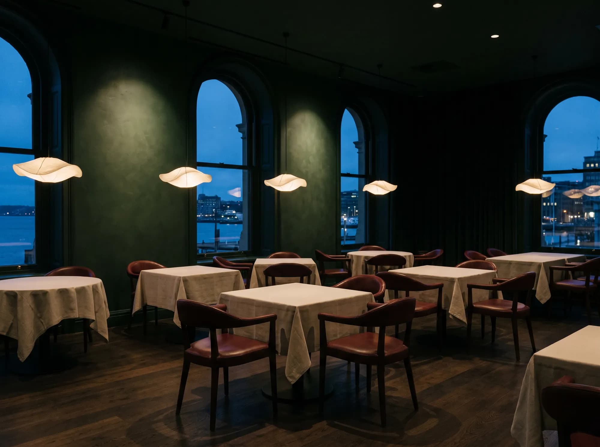 The Saanjh dining room at night: pale linen tables under paper lamps, green plaster walls