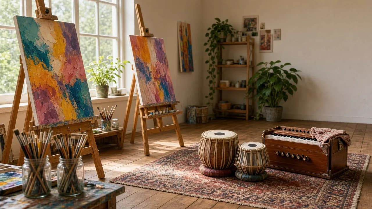 Art room with colourful paintings on easels, jars of brushes, a pair of tabla and a harmonium on a rug