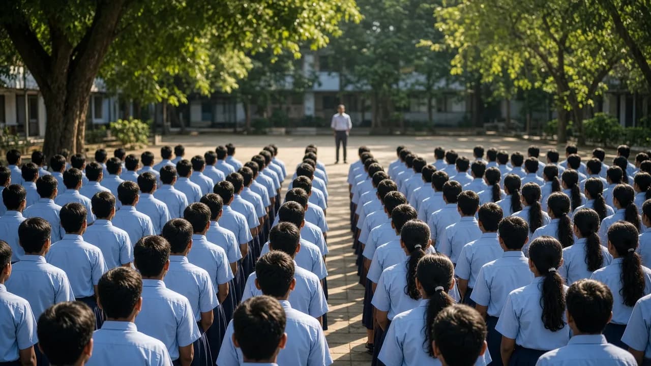 Morning assembly seen from behind: rows of students in light-blue uniforms facing a teacher under the trees