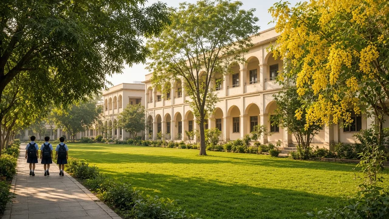 Cream arched school building behind a green lawn and a flowering amaltas tree, three children with school bags walking away along the path