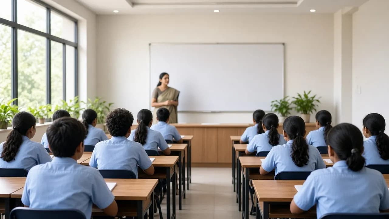 Bright classroom from the back row: students in light-blue uniforms at wooden desks, a teacher at the whiteboard