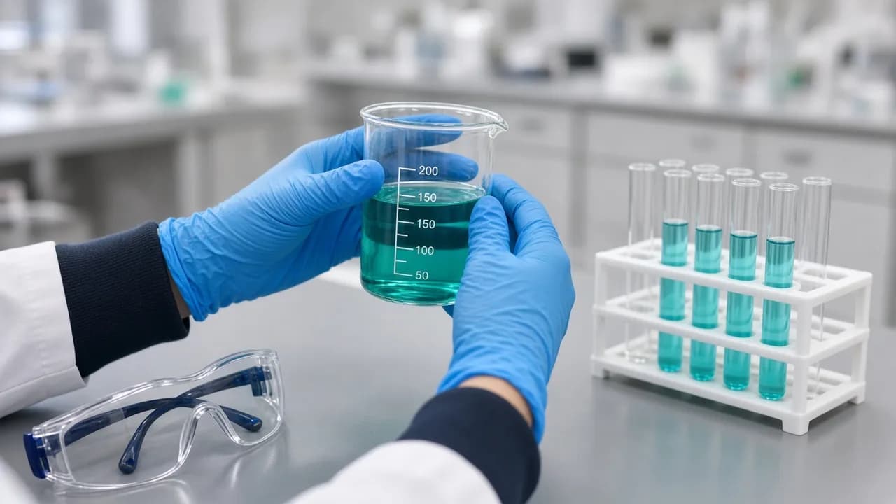 Gloved hands holding a beaker of green-blue liquid in the science lab, safety goggles and test tubes on the bench