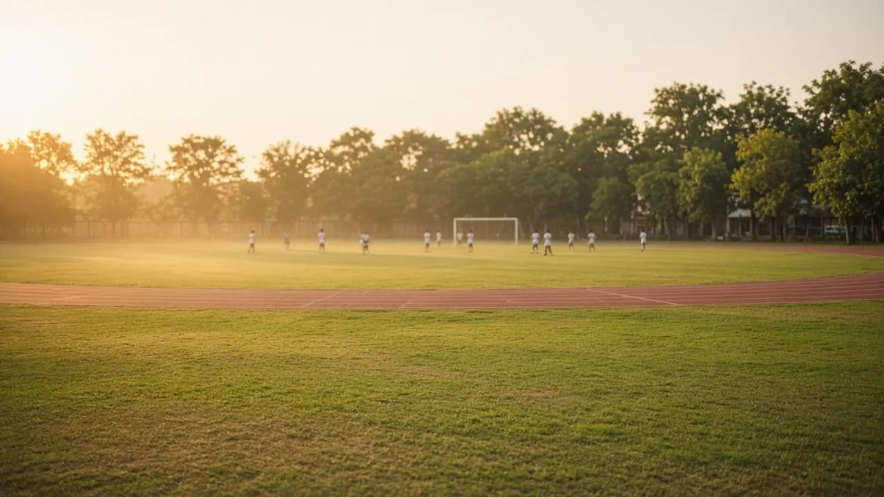 School playing field and running track at golden hour, small figures playing football in the distance