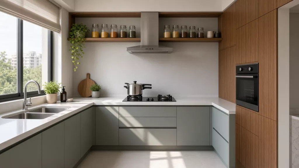 Finished L-shaped modular kitchen with sage-grey cabinets, teak tall units and open spice shelves