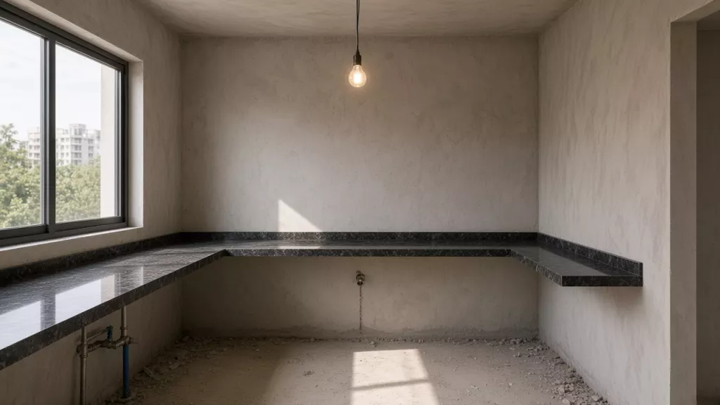 The same kitchen before work: a raw granite L-platform, rough walls and a bare bulb