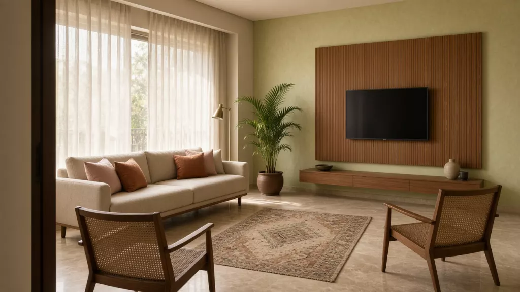 Finished living room with a fluted teak TV wall, Kota stone floor, oatmeal sofa and cane-back chairs