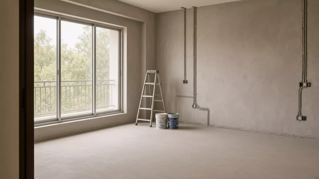 The same living room as a bare shell: cement walls, exposed conduits, a ladder and paint buckets