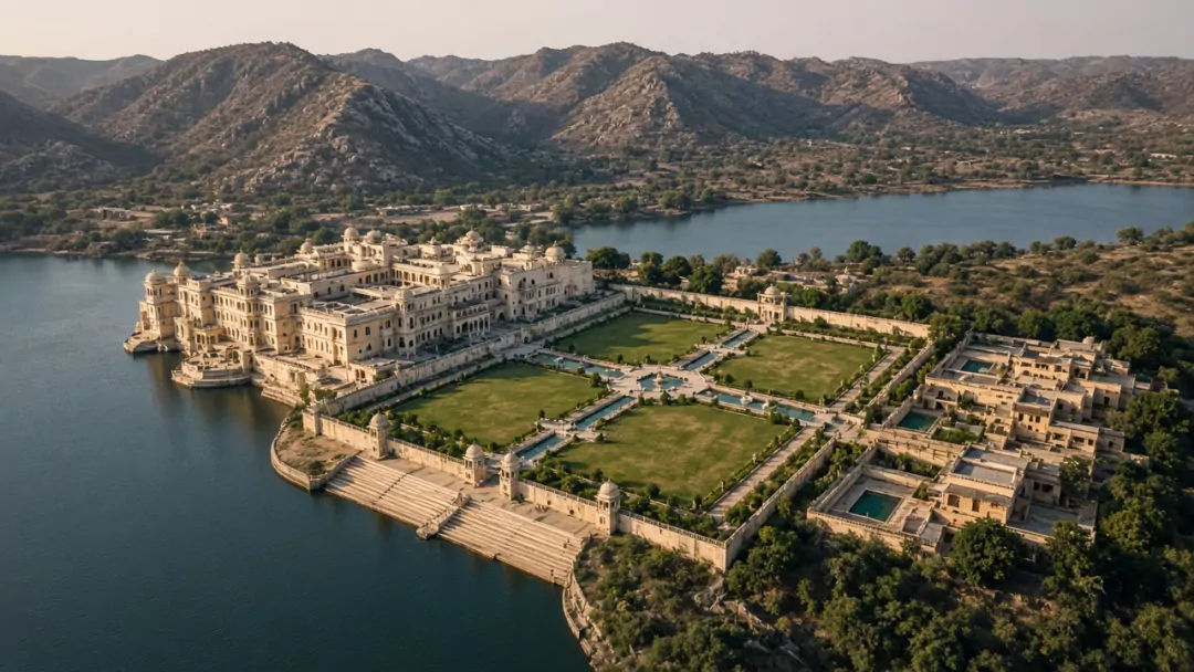 Aerial view of the Kumudini Bagh estate: the sandstone palace on the lake, ghat steps, four char-bagh lawns with water channels, garden villas with courtyard pools, and the Aravalli hills beyond