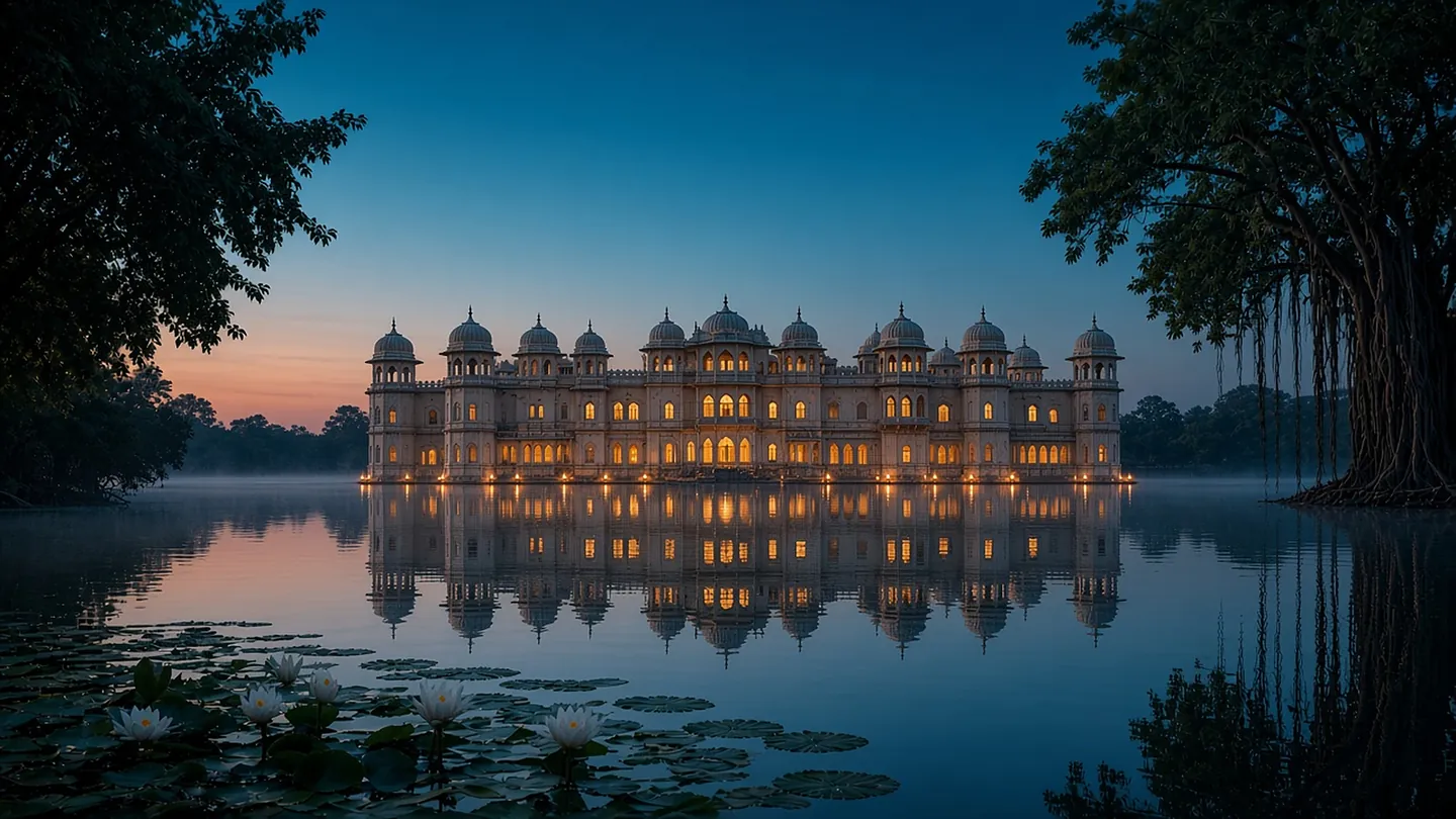 The palace at dusk, windows turning amber above the darkening lake