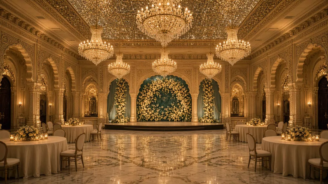 The Durbar Hall set for a sangeet: mirror-work ceiling, crystal chandeliers, a low stage before a teal and ivory floral arch, round tables in ivory linen on a marble floor