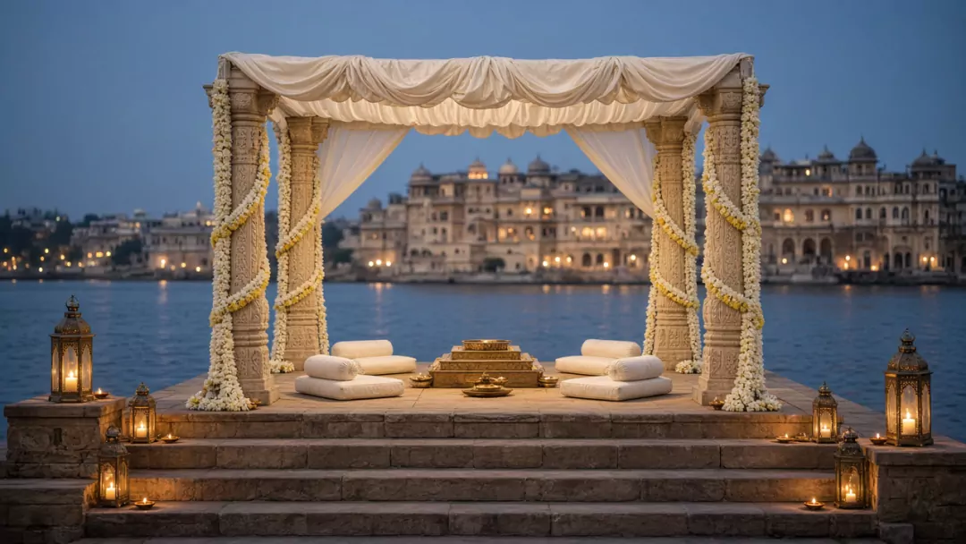 A wedding mandap on lakeside ghat steps at blue hour: carved pillars wrapped in white flower garlands, an ivory canopy, brass lanterns and diyas, the lit palace across the lake