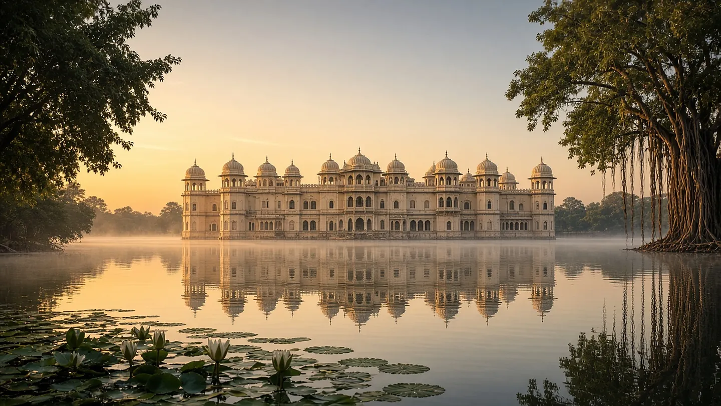 The palace's carved balconies and domed pavilions in golden-hour light, reflected in the lake