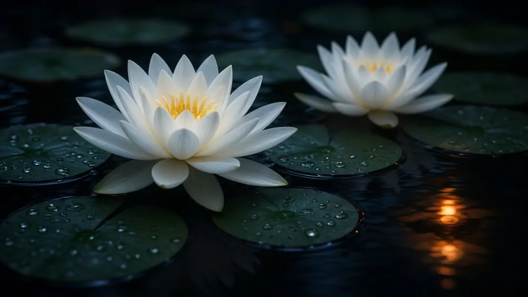 Two white water-lilies open on dark water among lily pads beaded with droplets, a diya's glow reflected in the lake
