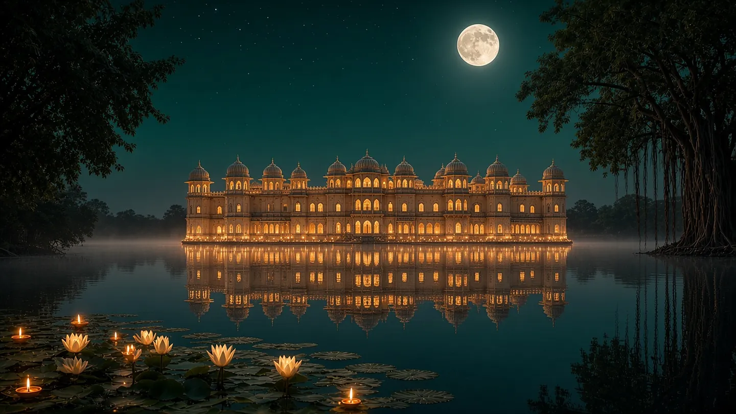 The palace at night across the lake, its balconies and terraces lined with lit diyas under a full moon