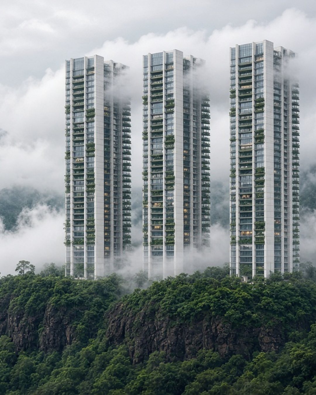 Three slim white towers rising out of monsoon cloud above a forested ridge (artist's impression)