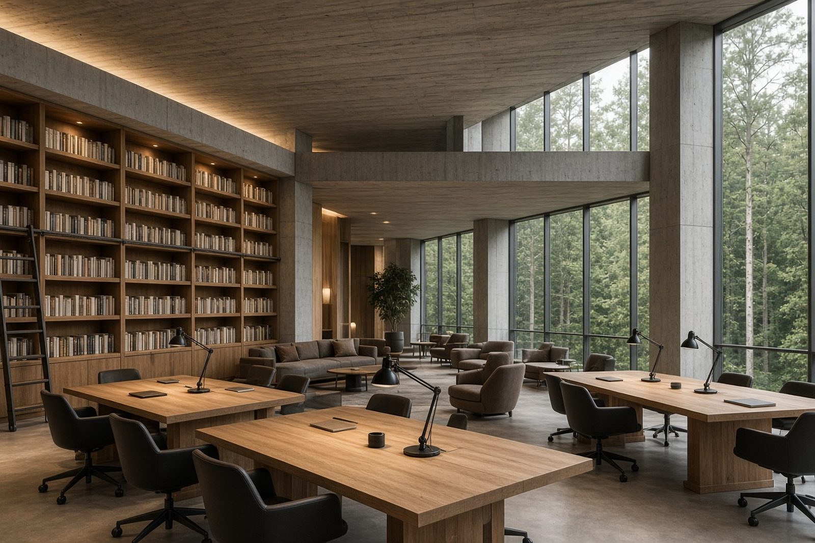 Double-height clubhouse lounge with a library wall, long oak work tables with lamps and full-height windows onto the forest (artist's impression)