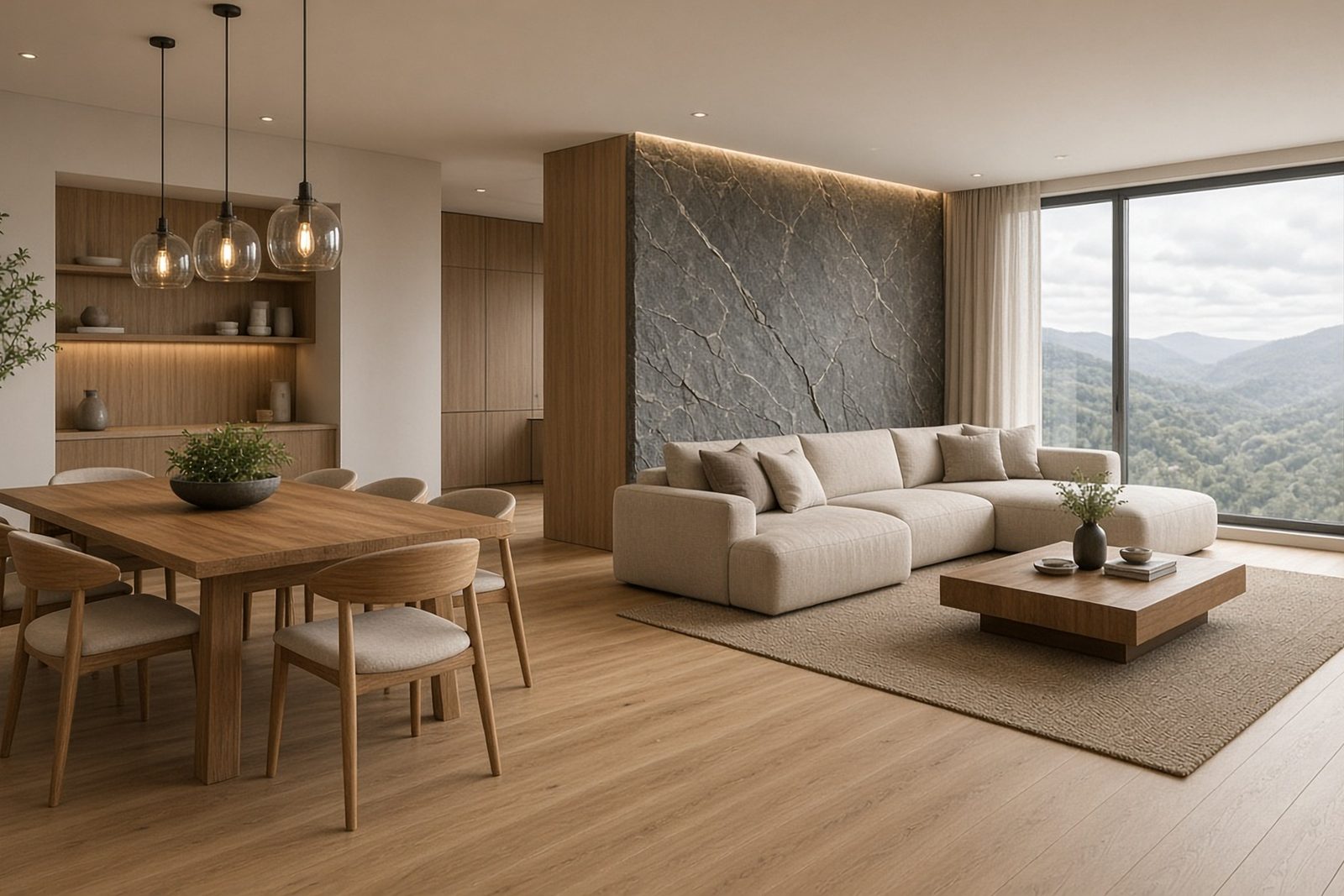 The 3 BHK sample flat: living and dining with an oak table, pendant lights and full-height windows (artist's impression)