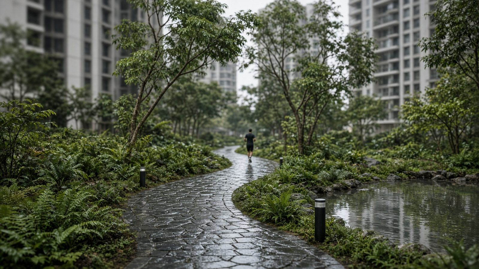 Wet basalt trail winding through ferns and young trees between towers after rain, with one distant jogger (artist's impression)