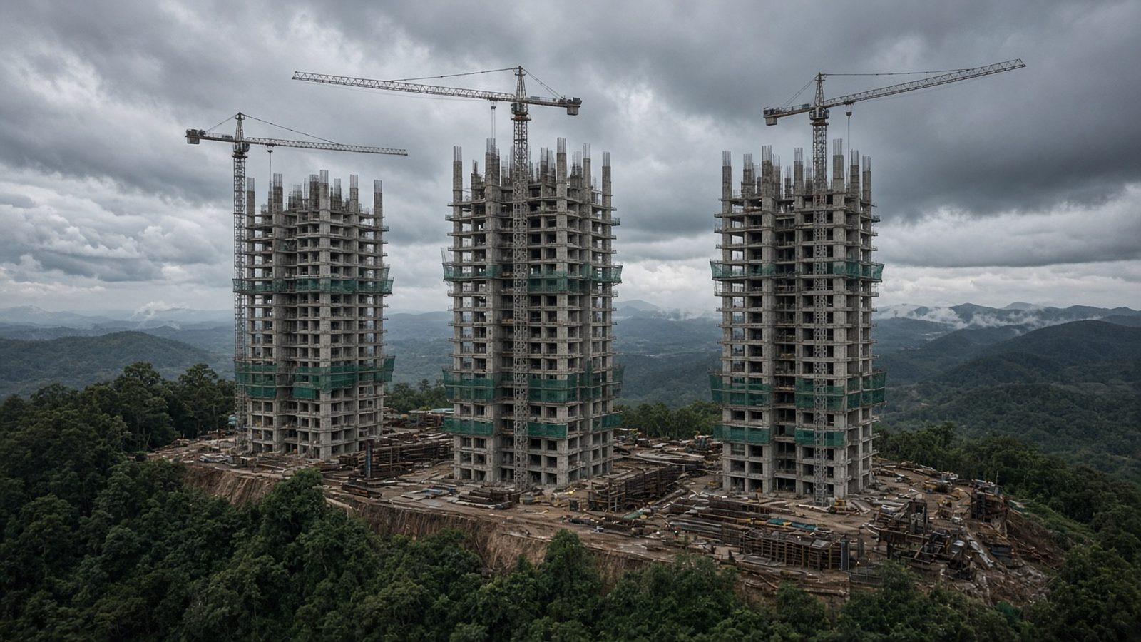 Site camera, March 2026: three tower cores at about the 18th floor with cranes and green safety nets (artist's impression)