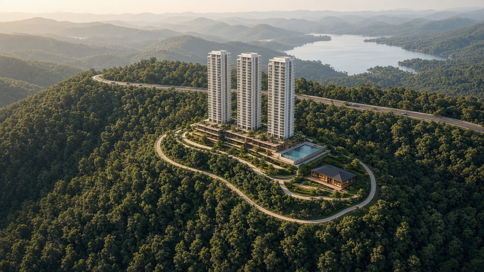 Aerial view of three white towers on a landscaped podium with a pool and looping trail, surrounded by forest on a ridge above a lake (artist's impression)