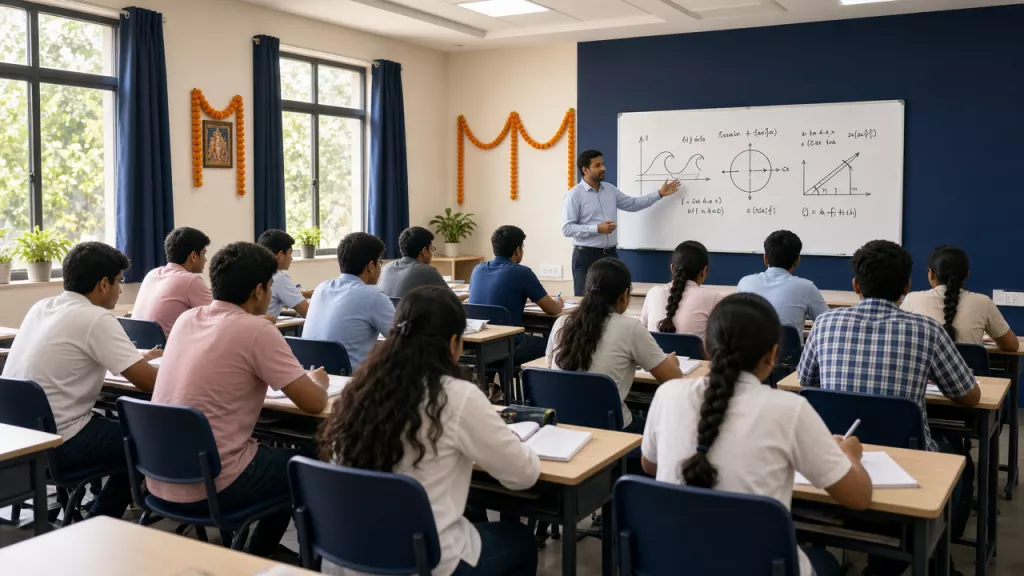 Students in a bright classroom listening to a teacher at the board