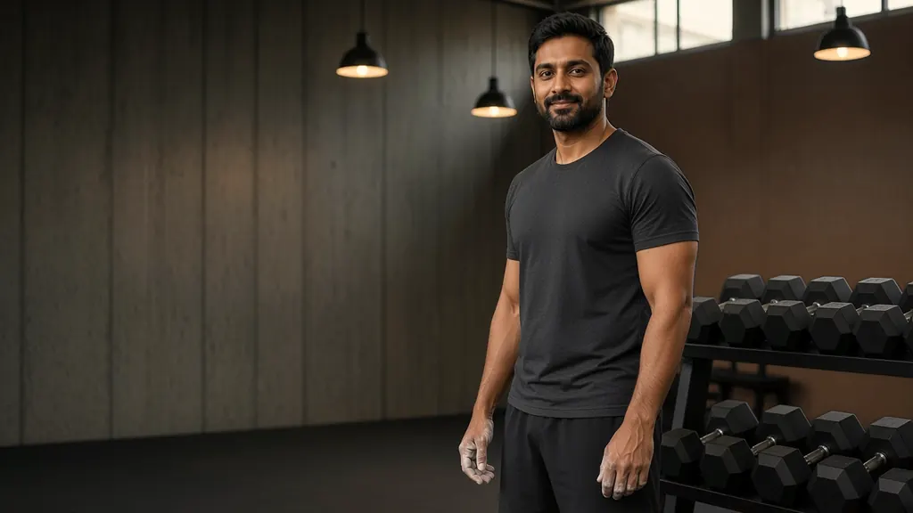 Coach Arjun with chalked hands beside a rack of hex dumbbells